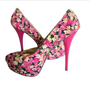 FRH Shoes Pink Fuchsia Multicolored Floral Platform Stiletto Heels Size 8.5